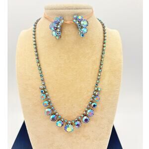 Mid‑Century  Vivid AB Rhinestone Cluster Necklace & Earrings Set, Vintage